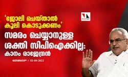 ജോലി ചെയ്താല് കൂലി കൊടുക്കണം; സമരം ചെയ്യാനുള്ള ശക്തി സിപിഐക്കില്ല: കാനം രാജേന്ദ്രന് ജോലി ചെയ്താല് കൂലി കൊടുക്കണം; സമരം ചെയ്യാനുള്ള ശക്തി സിപിഐക്കില്ല: കാനം രാജേന്ദ്രന്