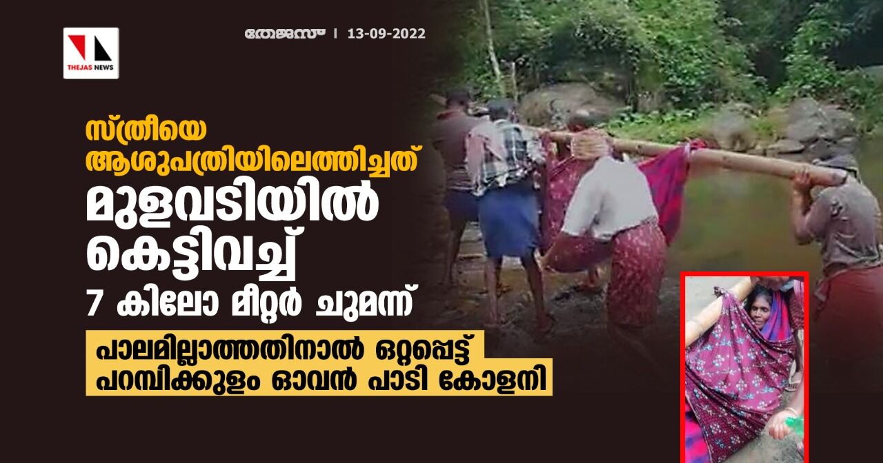 സ്ത്രീയെ ആശുപത്രിയിലെത്തിച്ചത് മുളവടിയില് കെട്ടിവച്ച് 7 കിലോ മീറ്റര് ചുമന്ന്; പാലമില്ലാത്തതിനാല് ഒറ്റപ്പെട്ട് പറമ്പിക്കുളം ഓവന് പാടി കോളനി സ്ത്രീയെ ആശുപത്രിയിലെത്തിച്ചത് മുളവടിയില് കെട്ടിവച്ച് 7 കിലോ മീറ്റര് ചുമന്ന്; പാലമില്ലാത്തതിനാല് ഒറ്റപ്പെട്ട് പറമ്പിക്കുളം ഓവന് പാടി കോളനി
