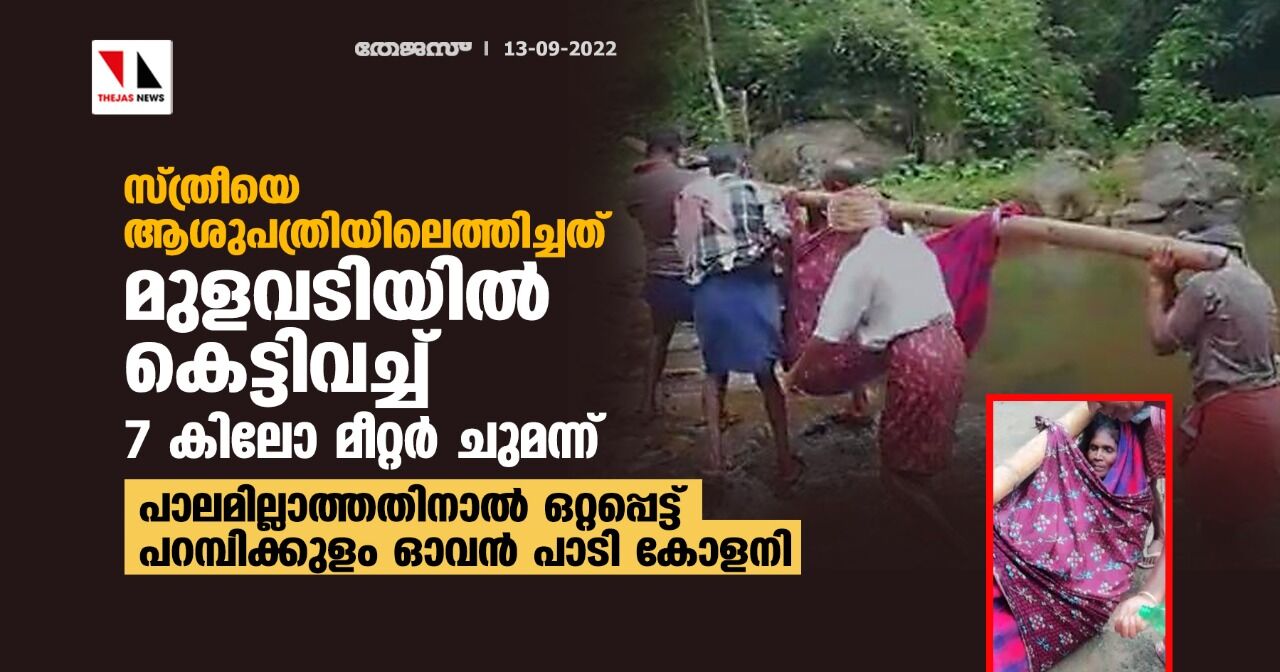 സ്ത്രീയെ ആശുപത്രിയിലെത്തിച്ചത് മുളവടിയില്‍ കെട്ടിവച്ച്  7 കിലോ മീറ്റര്‍ ചുമന്ന്; പാലമില്ലാത്തതിനാല്‍ ഒറ്റപ്പെട്ട് പറമ്പിക്കുളം ഓവന്‍ പാടി കോളനി