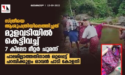 സ്ത്രീയെ ആശുപത്രിയിലെത്തിച്ചത് മുളവടിയില്‍ കെട്ടിവച്ച്  7 കിലോ മീറ്റര്‍ ചുമന്ന്; പാലമില്ലാത്തതിനാല്‍ ഒറ്റപ്പെട്ട് പറമ്പിക്കുളം ഓവന്‍ പാടി കോളനി