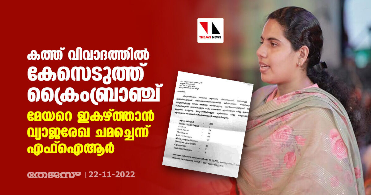 കത്ത് വിവാദത്തില് കേസെടുത്ത് ക്രൈംബ്രാഞ്ച്; മേയറെ ഇകഴ്ത്താന് വ്യാജരേഖ ചമച്ചെന്ന് എഫ്ഐആര് കത്ത് വിവാദത്തില് കേസെടുത്ത് ക്രൈംബ്രാഞ്ച്; മേയറെ ഇകഴ്ത്താന് വ്യാജരേഖ ചമച്ചെന്ന് എഫ്ഐആര്