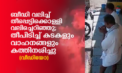 ബീഡി കത്തിച്ച് തീപ്പെട്ടിക്കൊള്ളി വലിച്ചെറിഞ്ഞു;   തീപിടിച്ച് കടകളും വാഹനങ്ങളും കത്തിനശിച്ചു(വീഡിയോ)