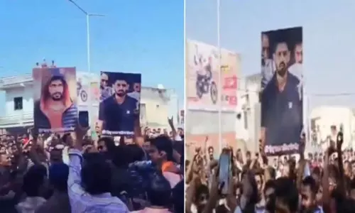 ഗുണ്ടാനേതാവ് ലോറന്‍സ് ബിഷ്‌ണോയുടെ ചിത്രങ്ങളുമായി ആഹ്ലാദപ്രകടനം നടത്തി ബിജെപി പ്രവര്‍ത്തകര്‍