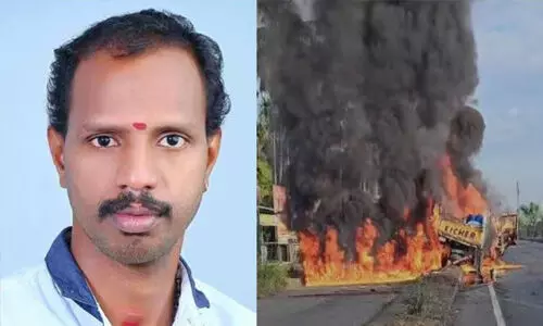 ലോറി ബൈക്കിലിടിച്ച് തീപ്പിടിച്ചു; ബൈക്ക് യാത്രികന് മരിച്ചു ലോറി ബൈക്കിലിടിച്ച് തീപ്പിടിച്ചു; ബൈക്ക് യാത്രികന് മരിച്ചു