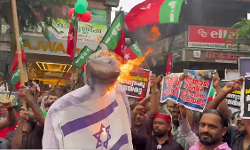 നെതന്യാഹുവിന്റെ കോലം കത്തിച്ച് കലാശക്കൊട്ട് (VIDEO)