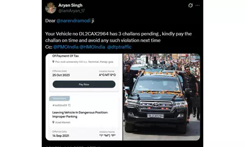 പ്രധാനമന്ത്രിയുടെ വാഹനം ട്രാഫിക് നിയമം ലംഘിച്ചതിന് പിഴയടച്ചില്ലെന്ന്
