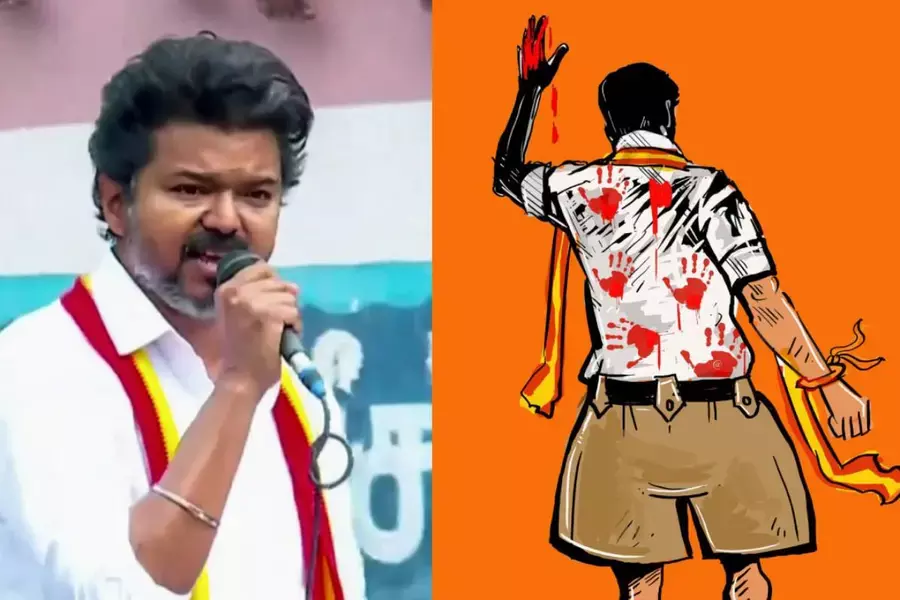 ആര്‍എസ്എസ് വേഷത്തില്‍ ചോരപ്പാടുകളുള്ള ഷര്‍ട്ട് ധരിച്ച വിജയ്‌യുടെ പോസ്റ്റുമായി ഡിഎംകെ