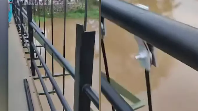 ഉദ്ഘാടനത്തിനു പിന്നാലെ തൂക്കുപാലത്തിന്റെ കൈവരികള്‍ പൊട്ടിവീണു