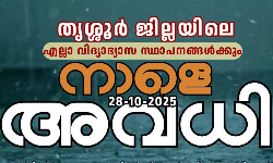 കനത്ത മഴ: തൃശൂര്‍ ജില്ലയിലെ പ്രൊഫഷണല്‍ കോളേജുകള്‍ ഉള്‍പ്പെടെയുള്ള എല്ലാ വിദ്യാഭ്യാസ സ്ഥാപനങ്ങള്‍ക്കും നാളെ അവധി