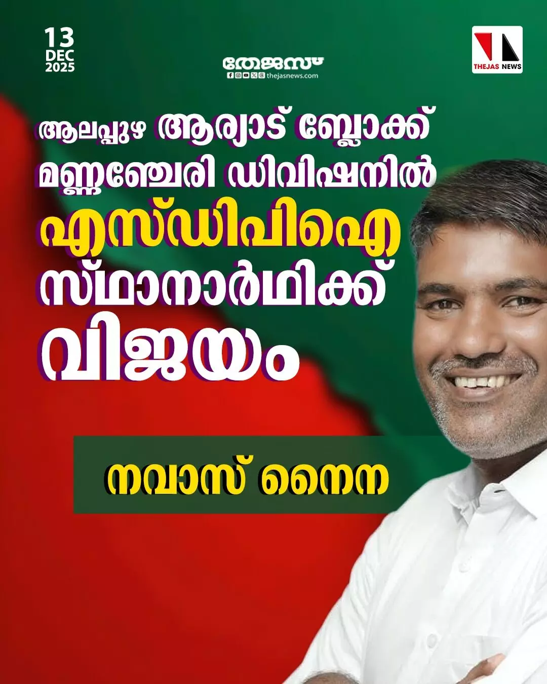 മണ്ണഞ്ചേരി ഡിവിഷനില് എസ്ഡിപിഐ സ്ഥാനാര്ഥിക്ക് വിജയം മണ്ണഞ്ചേരി ഡിവിഷനില് എസ്ഡിപിഐ സ്ഥാനാര്ഥിക്ക് വിജയം