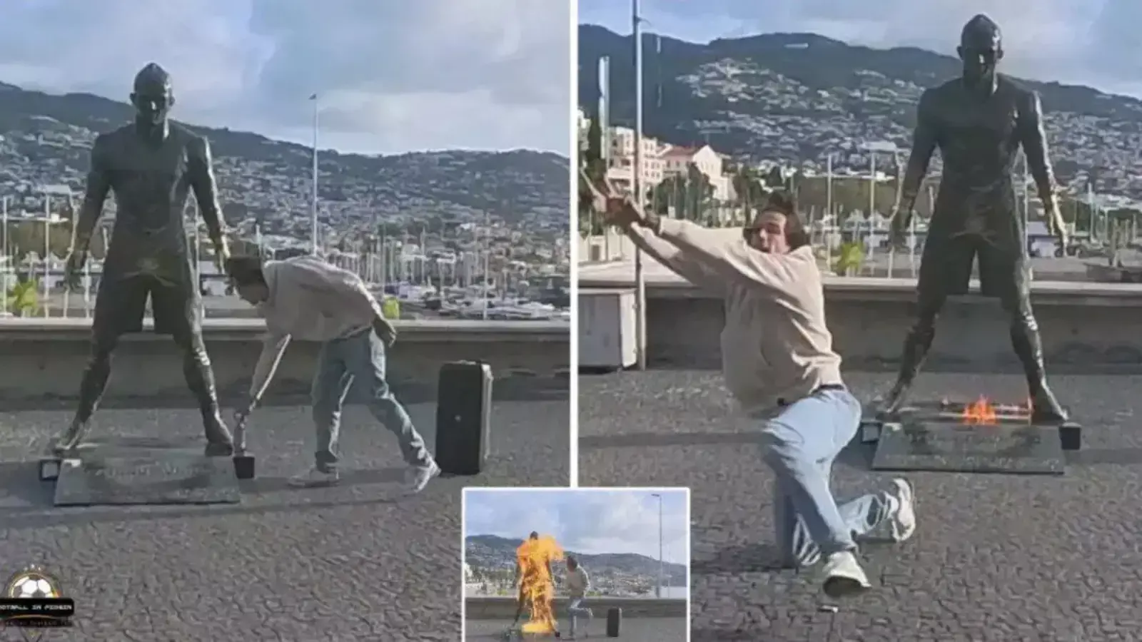 ലിസ്ബണിലെ റൊണാള്‍ഡോ പ്രതിമക്ക് തീവച്ച് നൃത്തംചവിട്ടി യുവാവ്, പിന്നാലെ പിടിയില്‍