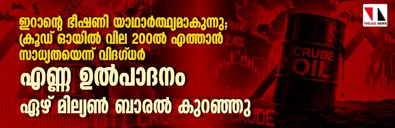 ഇറാന്റെ ഭീഷണി യാഥാര്‍ത്ഥ്യമാകുന്നു; ക്രൂഡ് ഓയില്‍ വില 200 ല്‍ എത്താന്‍ സാധ്യതയെന്ന് വിദഗ്ധര്‍, എണ്ണ ഉല്‍പാദനം ഏഴ് ദശലക്ഷം ബാരല്‍ കുറഞ്ഞു